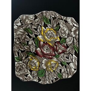 1930's Myott Son & Co England Bermuda Square Plate Floral Roses Red Yellow Grey